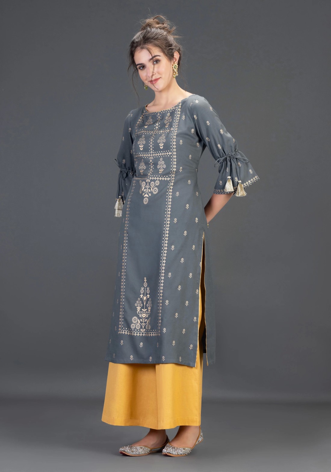 Grey Viscose Rayon Straight Kurta with Gold Foil Print