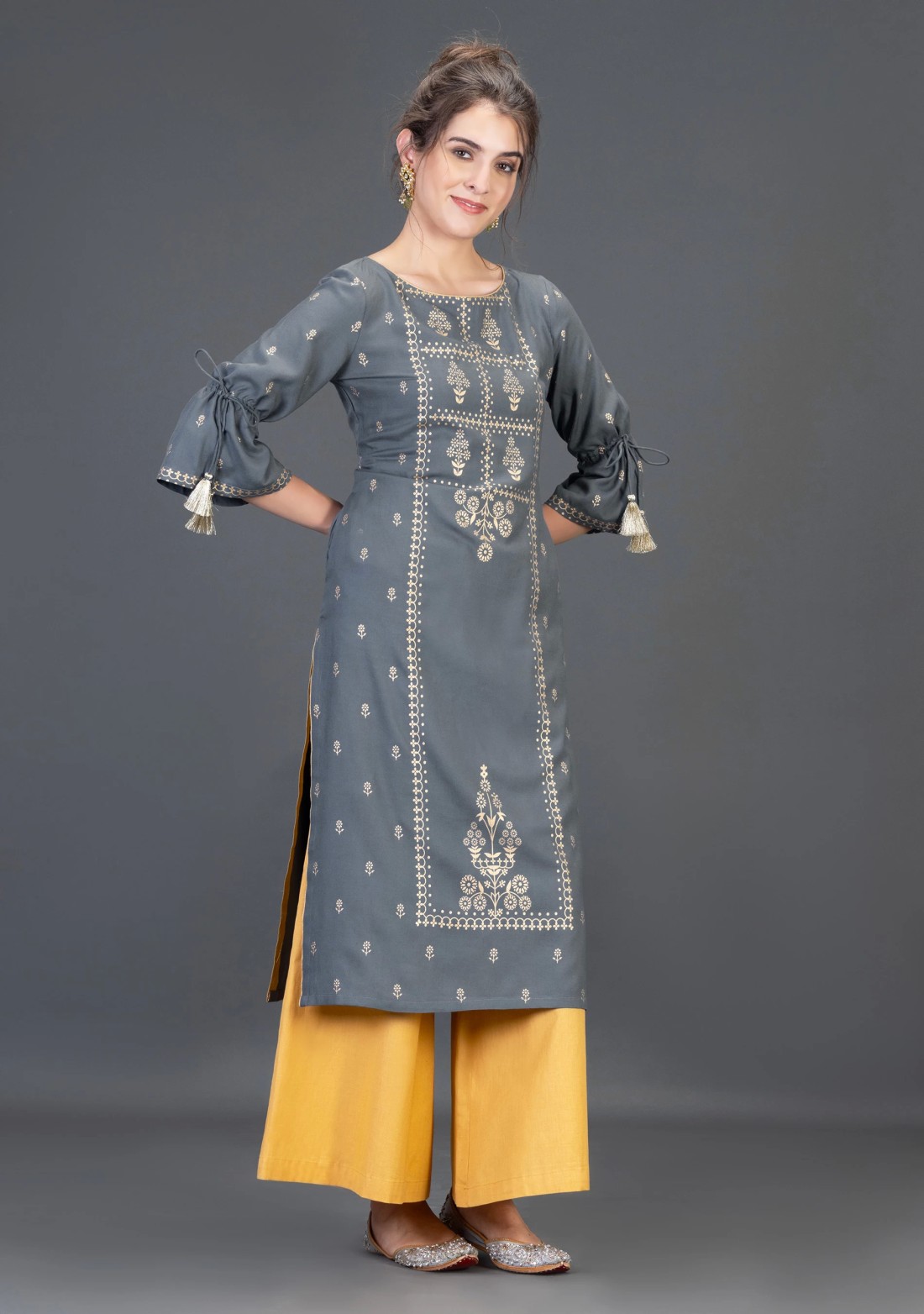 Grey Viscose Rayon Straight Kurta with Gold Foil Print