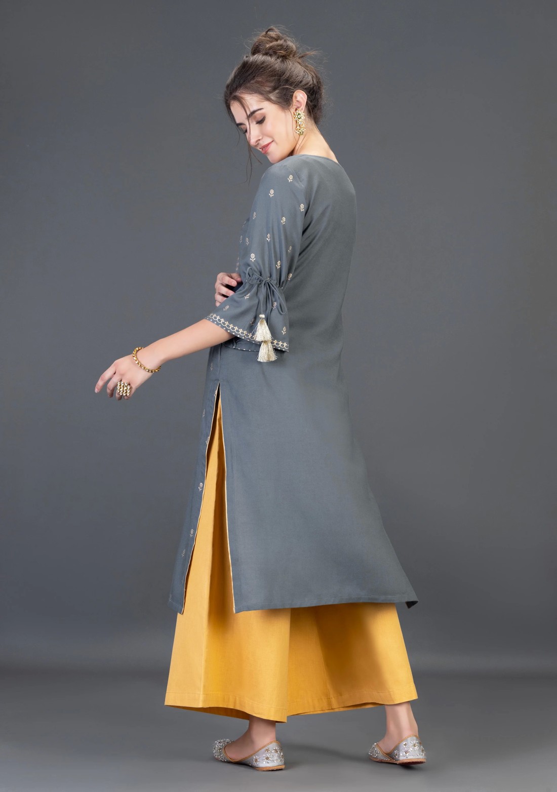 Grey Viscose Rayon Straight Kurta with Gold Foil Print