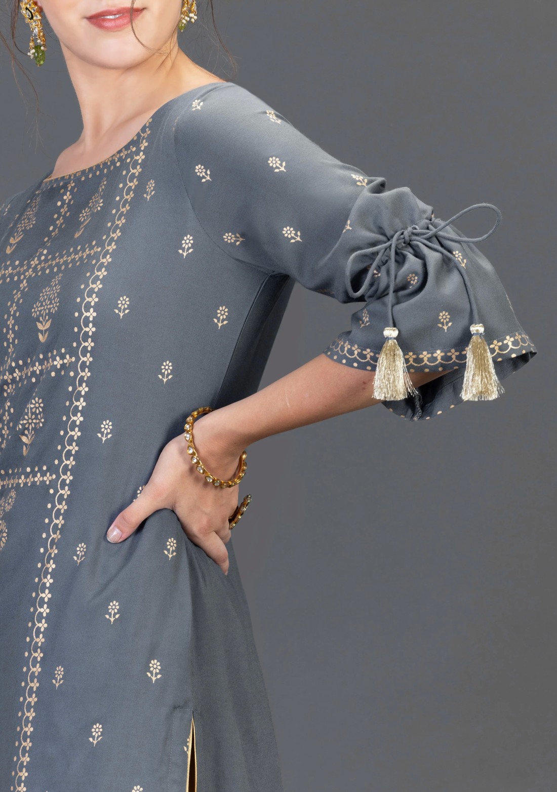 Grey Viscose Rayon Straight Kurta with Gold Foil Print