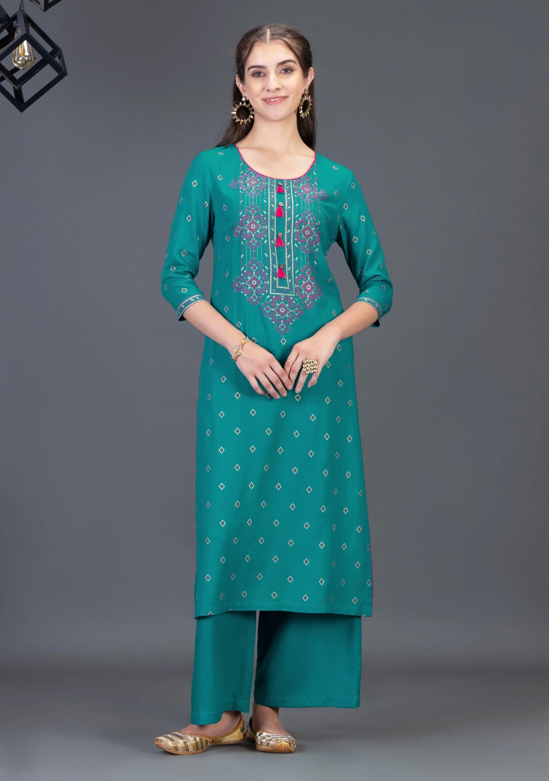 Turquoise Blue Gold & Khari Printed Viscose Rayon Straight Kurta