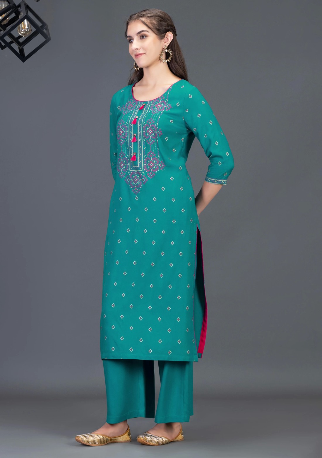 Turquoise Blue Gold & Khari Printed Viscose Rayon Straight Kurta