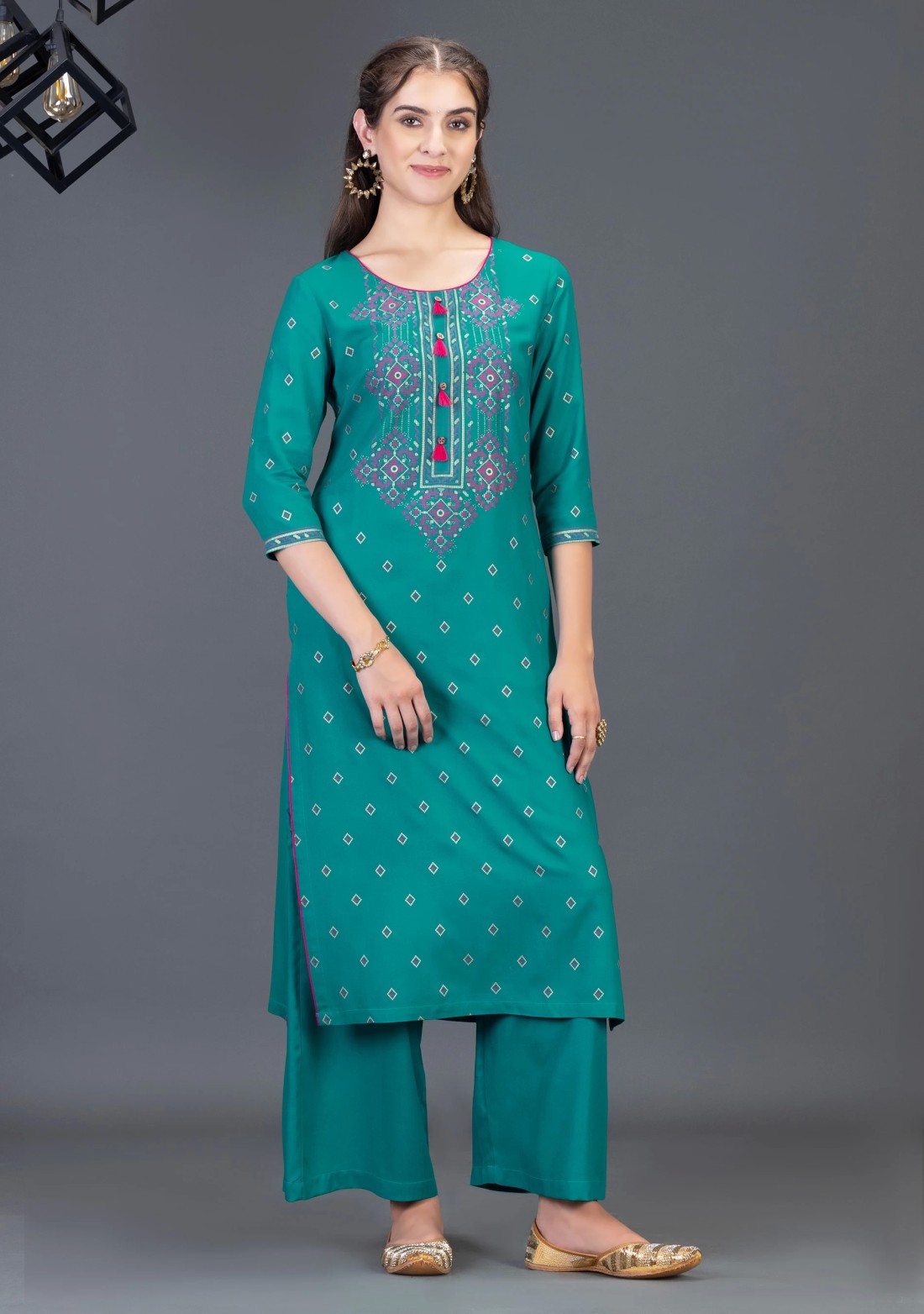 Turquoise Blue Gold & Khari Printed Viscose Rayon Straight Kurta