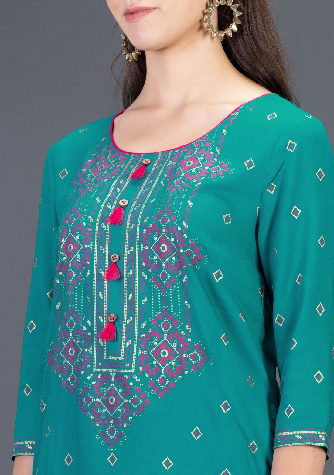 Turquoise Blue Gold & Khari Printed Viscose Rayon Straight Kurta