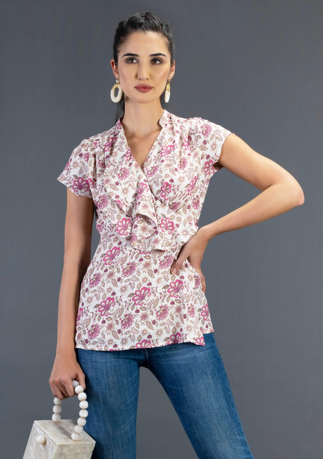 Cream Oriental Floral Print Wrap Around Top