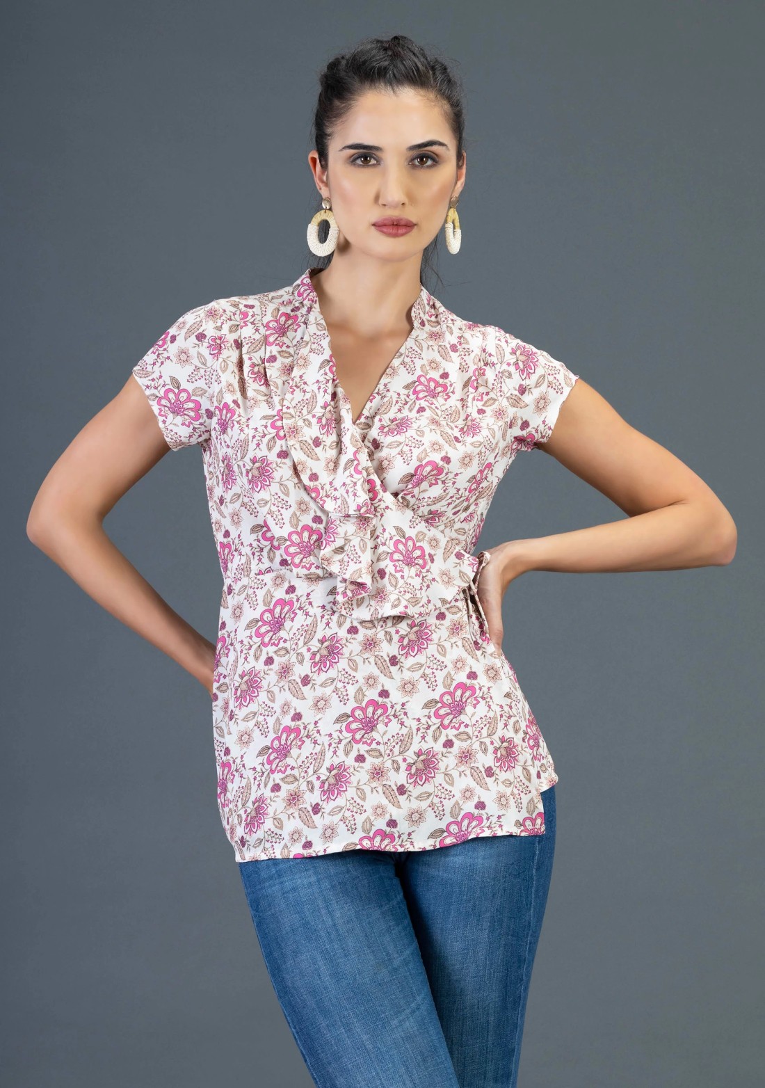 Cream Oriental Floral Print Wrap Around Top