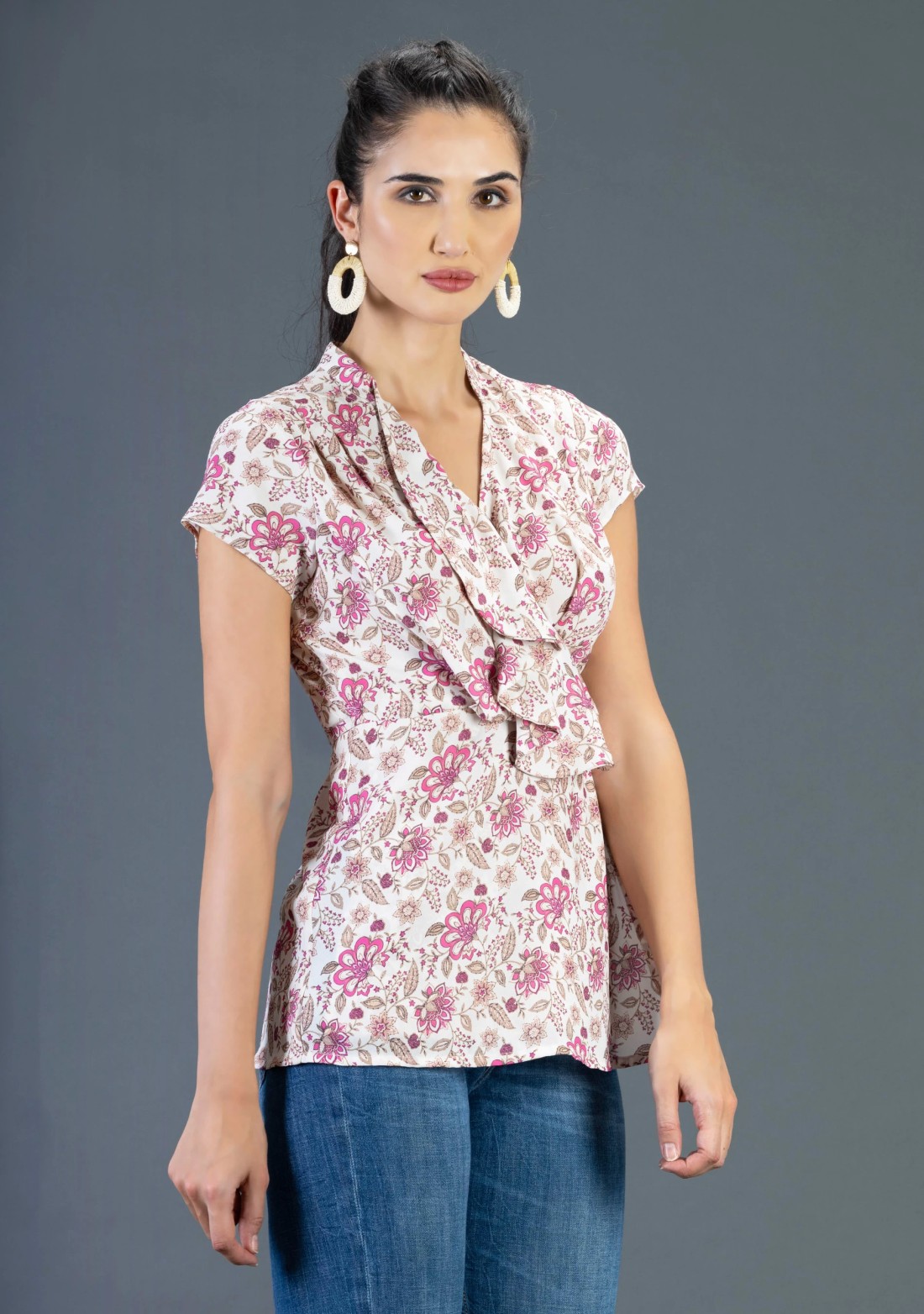 Cream Oriental Floral Print Wrap Around Top