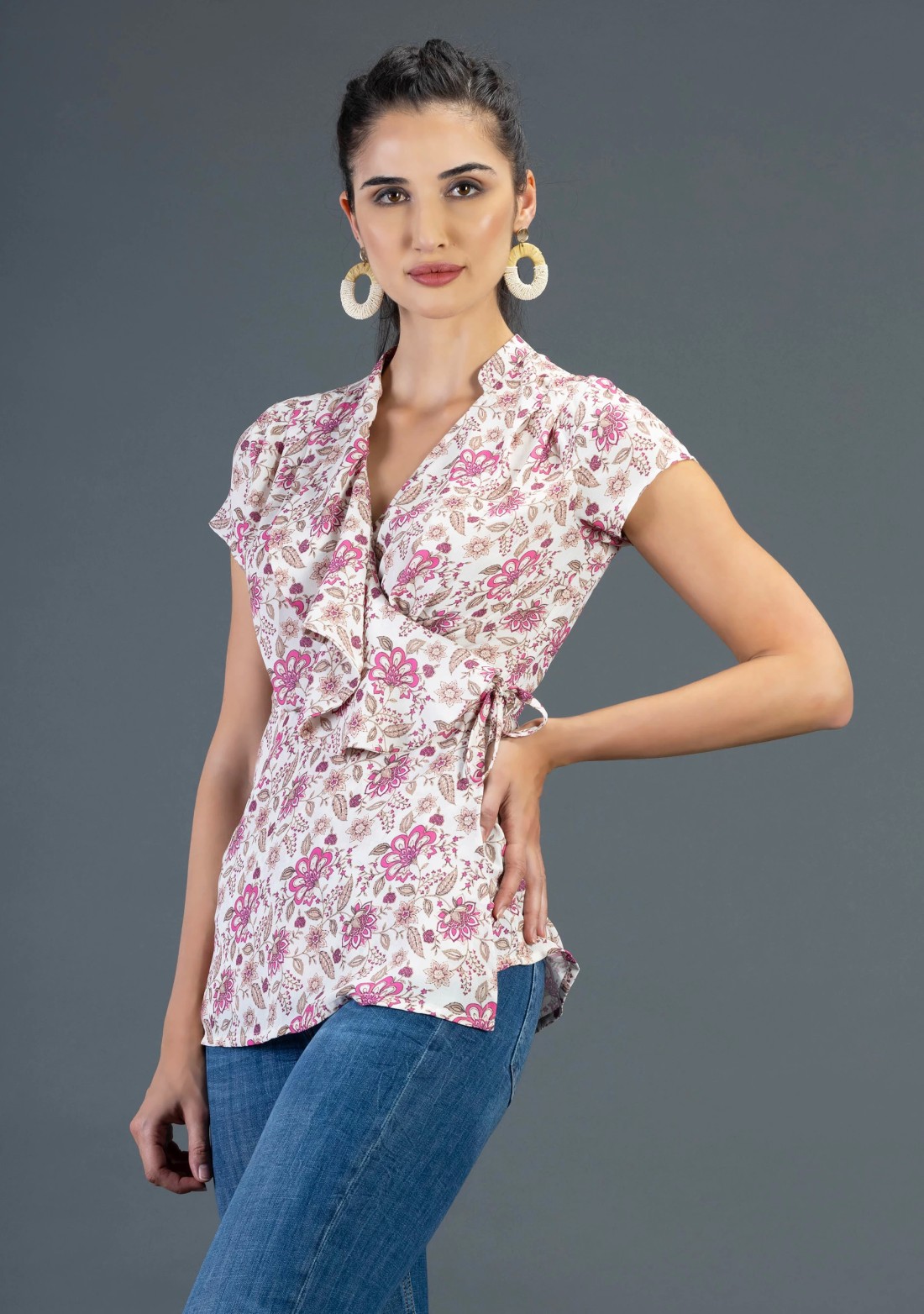 Cream Oriental Floral Print Wrap Around Top