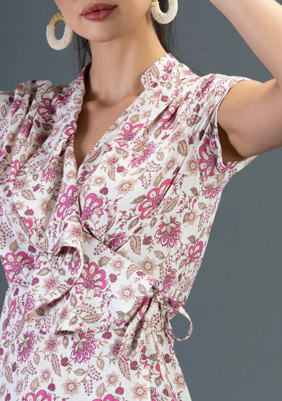 Cream Oriental Floral Print Wrap Around Top