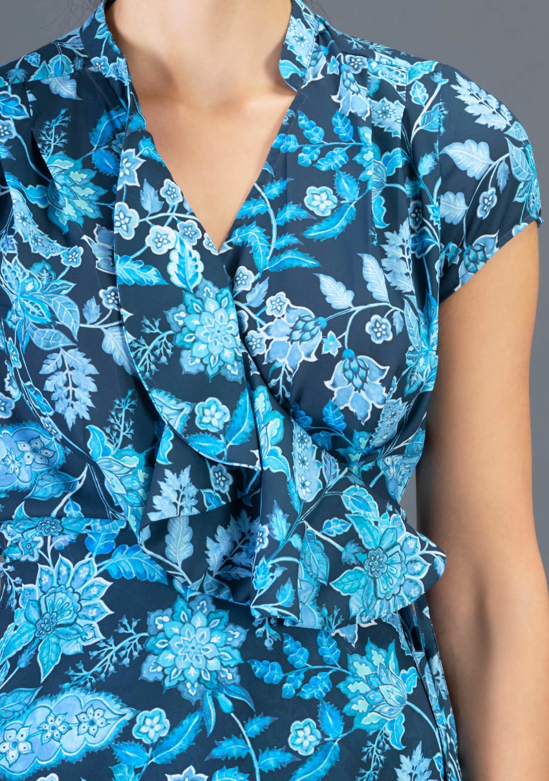 Blue Oriental Floral Print Wrap Around Top