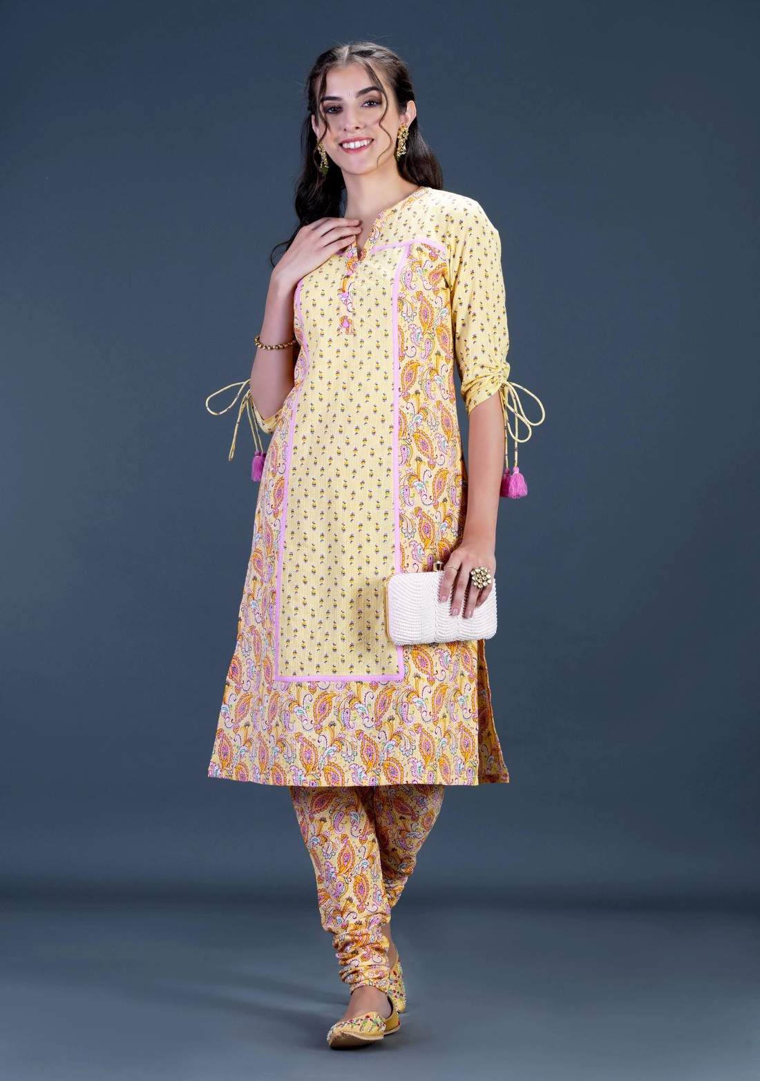 Yellow Ethnic Motif Print Cotton Kurti with Churidar Set