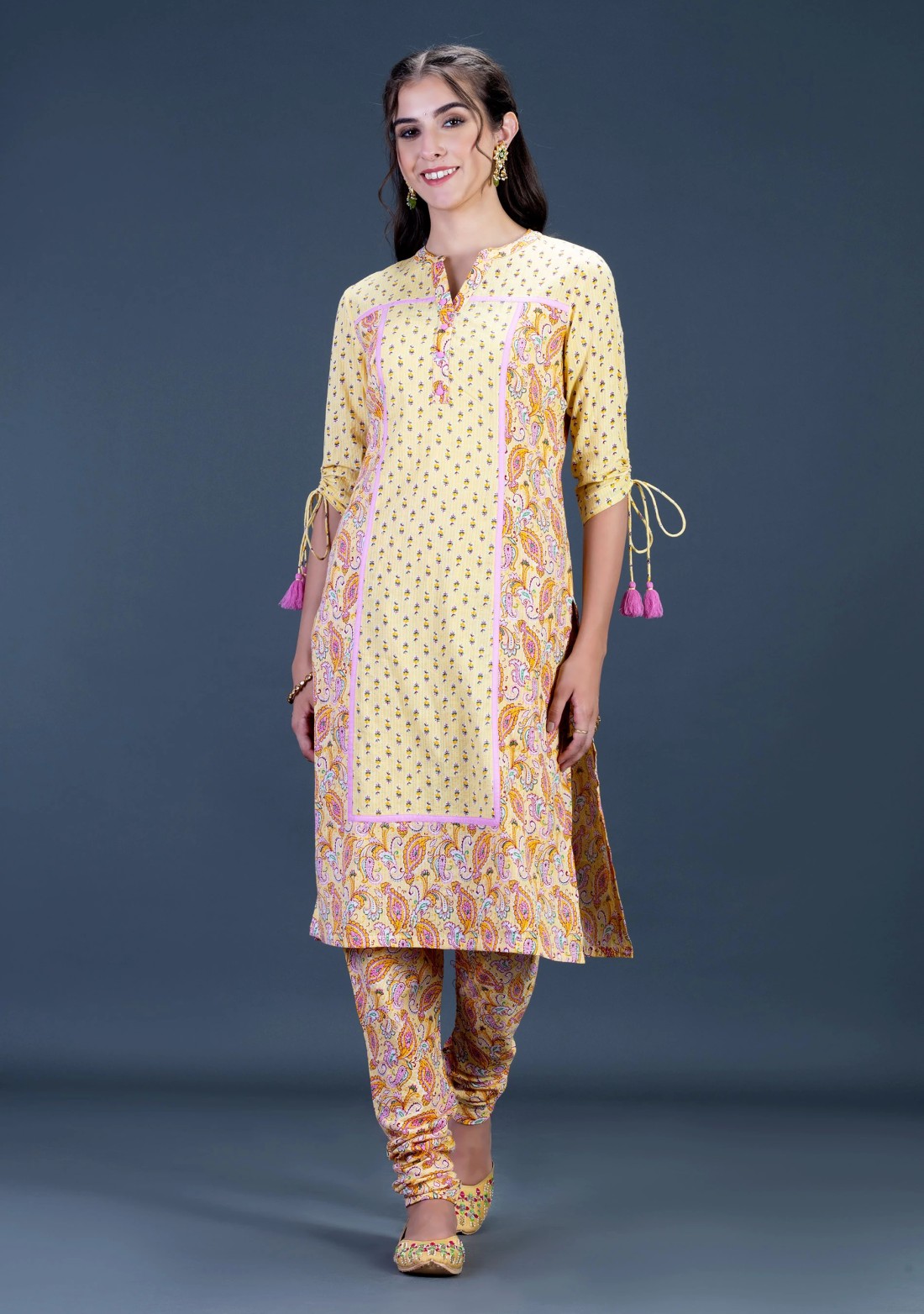 Yellow Ethnic Motif Print Cotton Kurti with Churidar Set