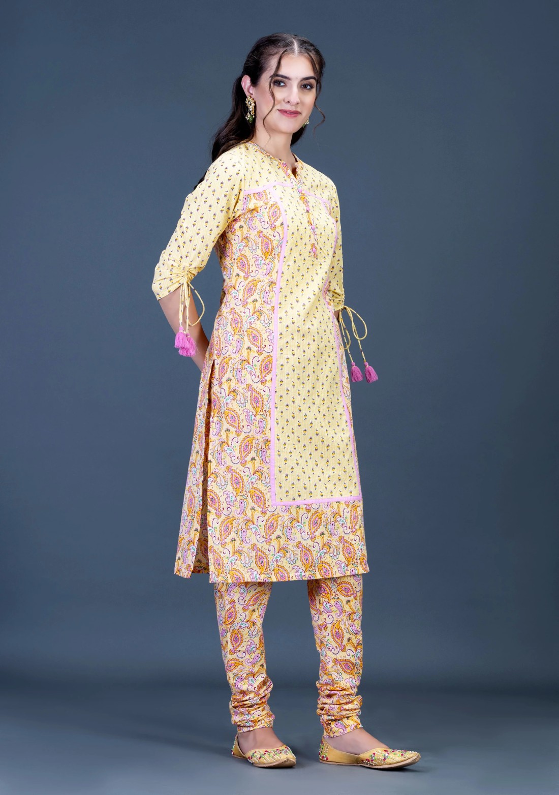 Yellow Ethnic Motif Print Cotton Kurti with Churidar Set