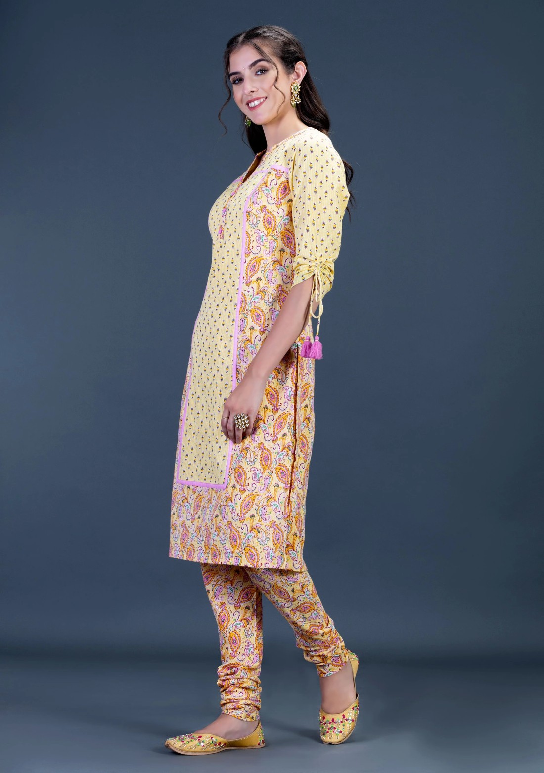 Yellow Ethnic Motif Print Cotton Kurti with Churidar Set