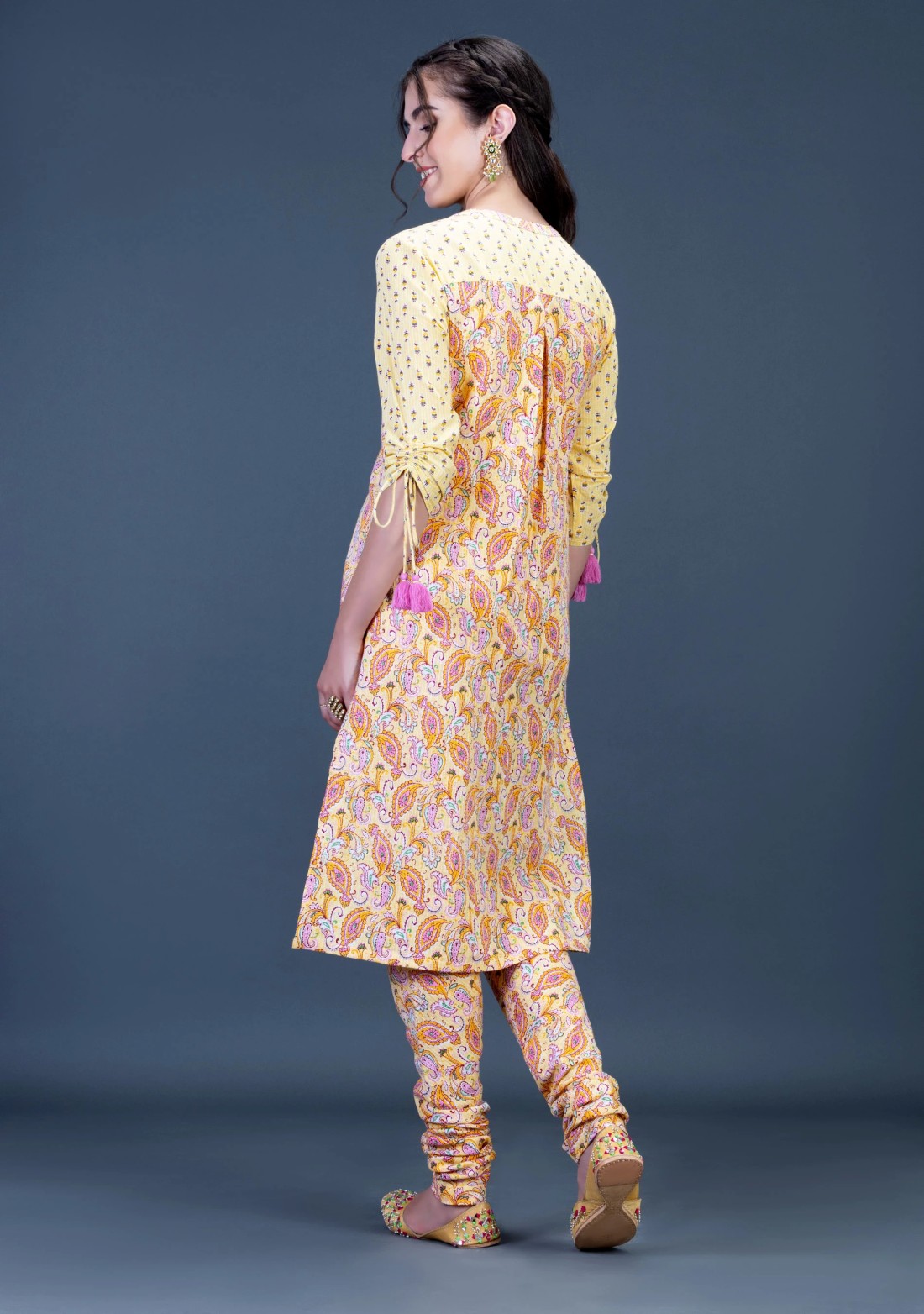 Yellow Ethnic Motif Print Cotton Kurti with Churidar Set