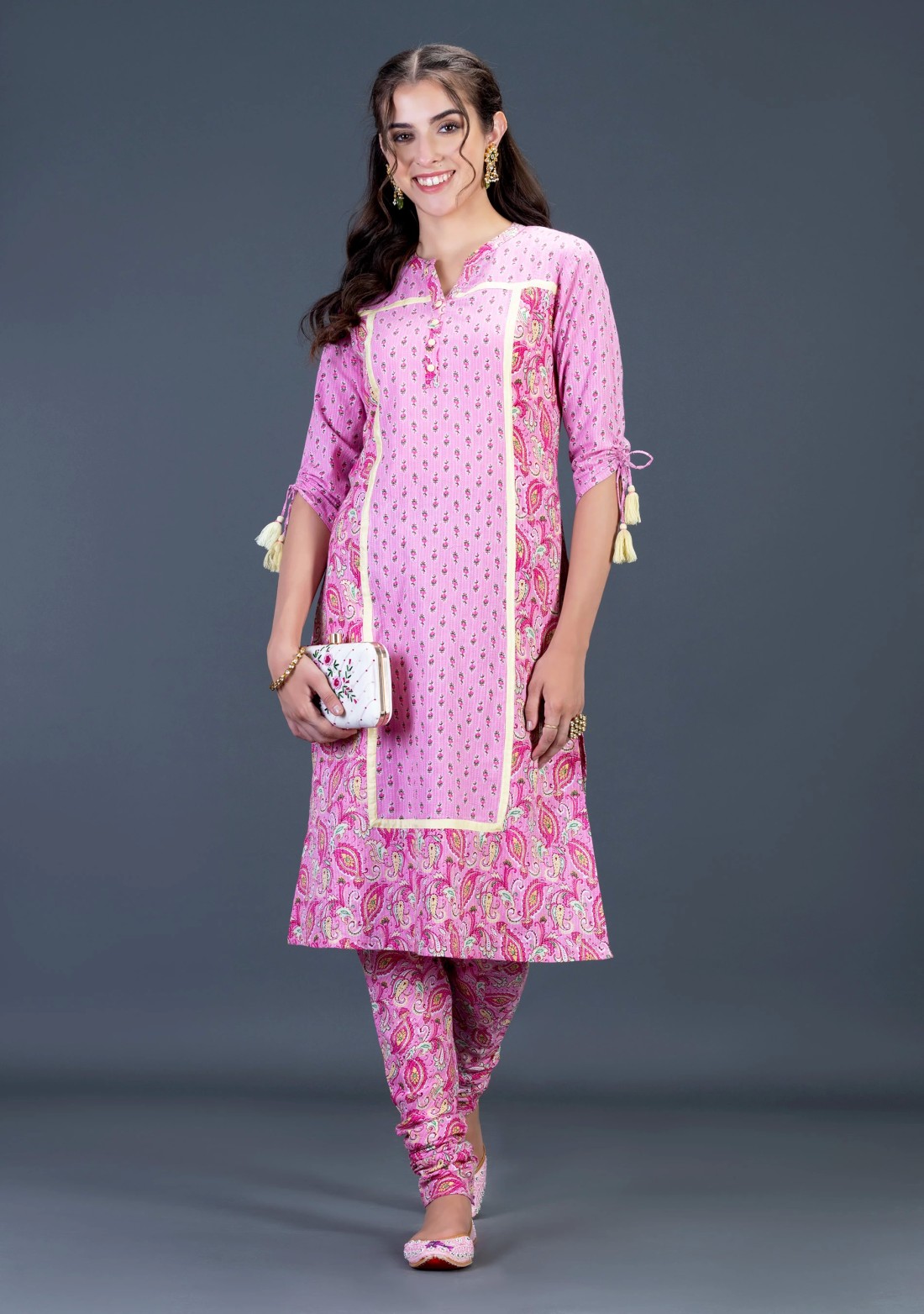 Pink Ethnic Motif Print Cotton Kurti with Churidar Set