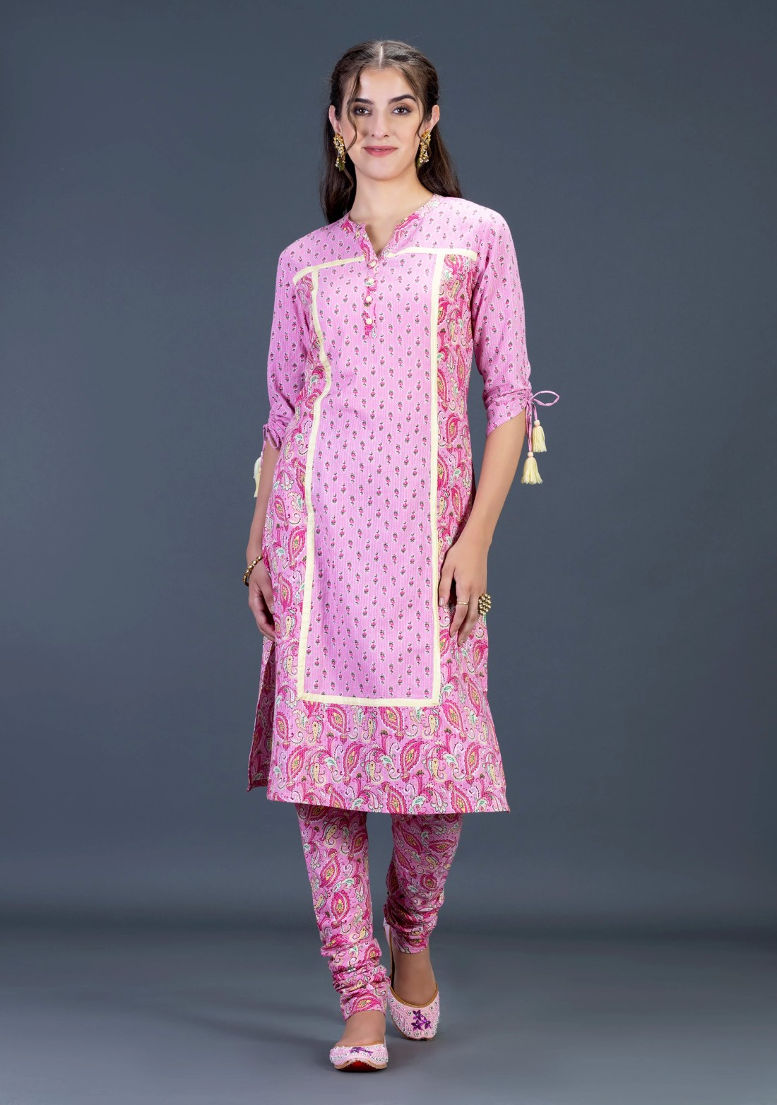 Pink Ethnic Motif Print Cotton Kurti with Churidar Set