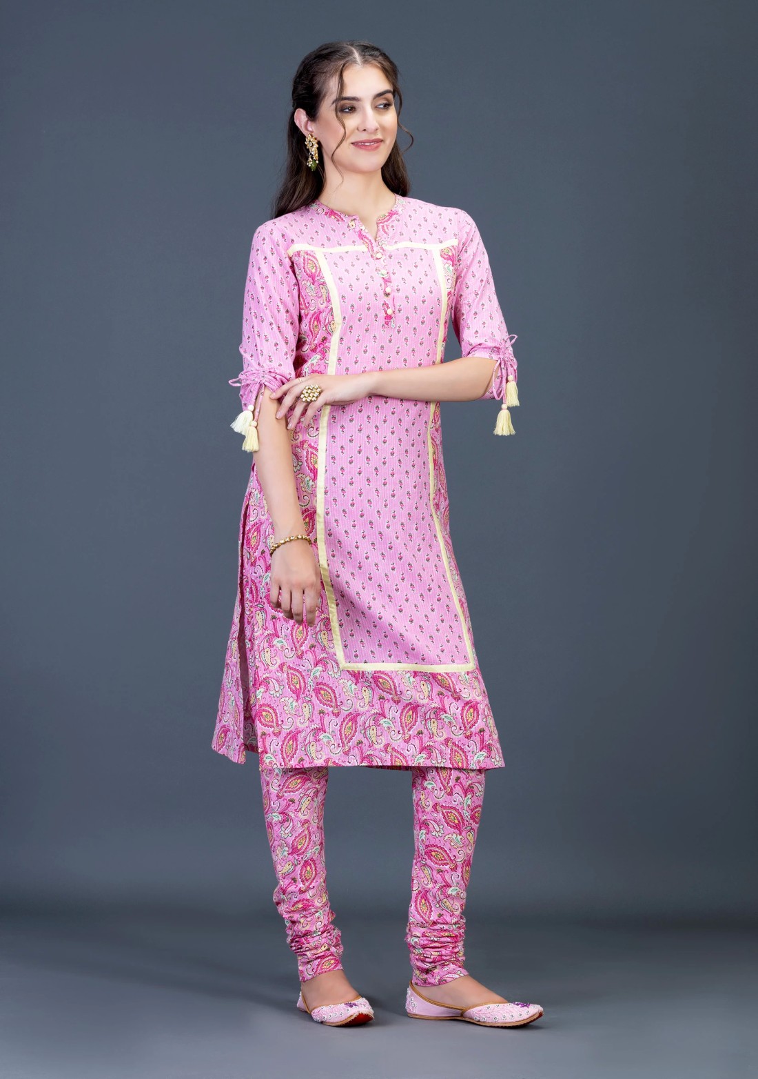 Pink Ethnic Motif Print Cotton Kurti with Churidar Set