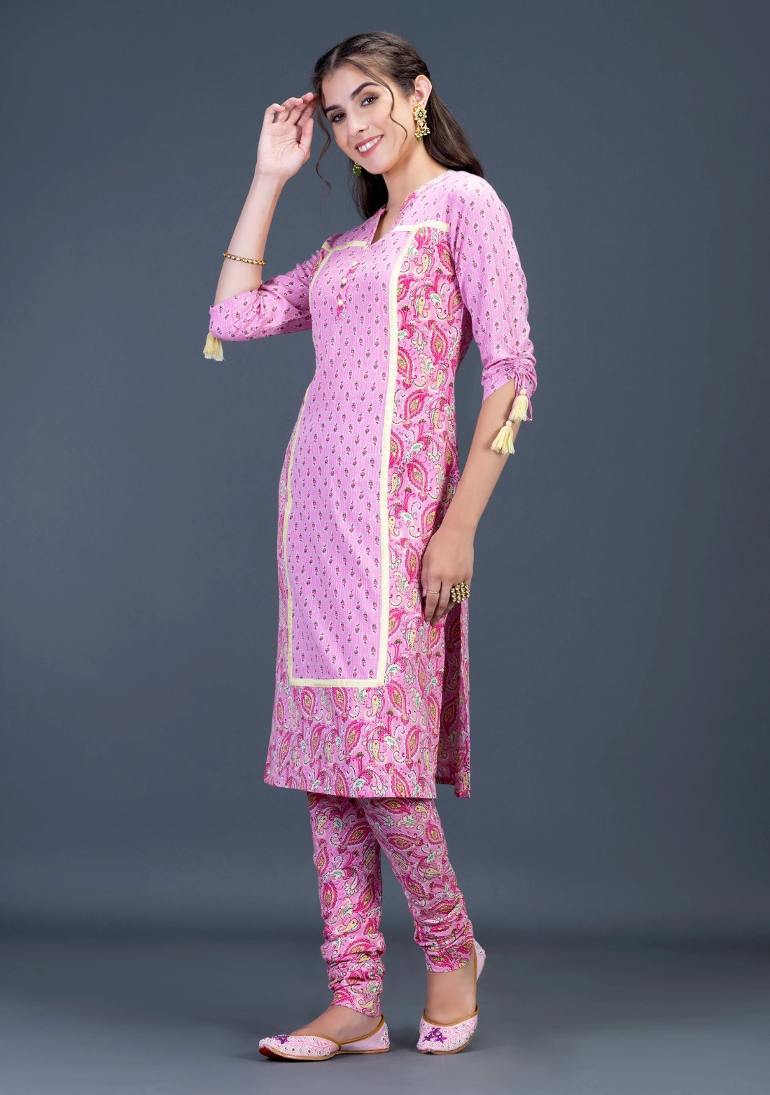 Pink Ethnic Motif Print Cotton Kurti with Churidar Set