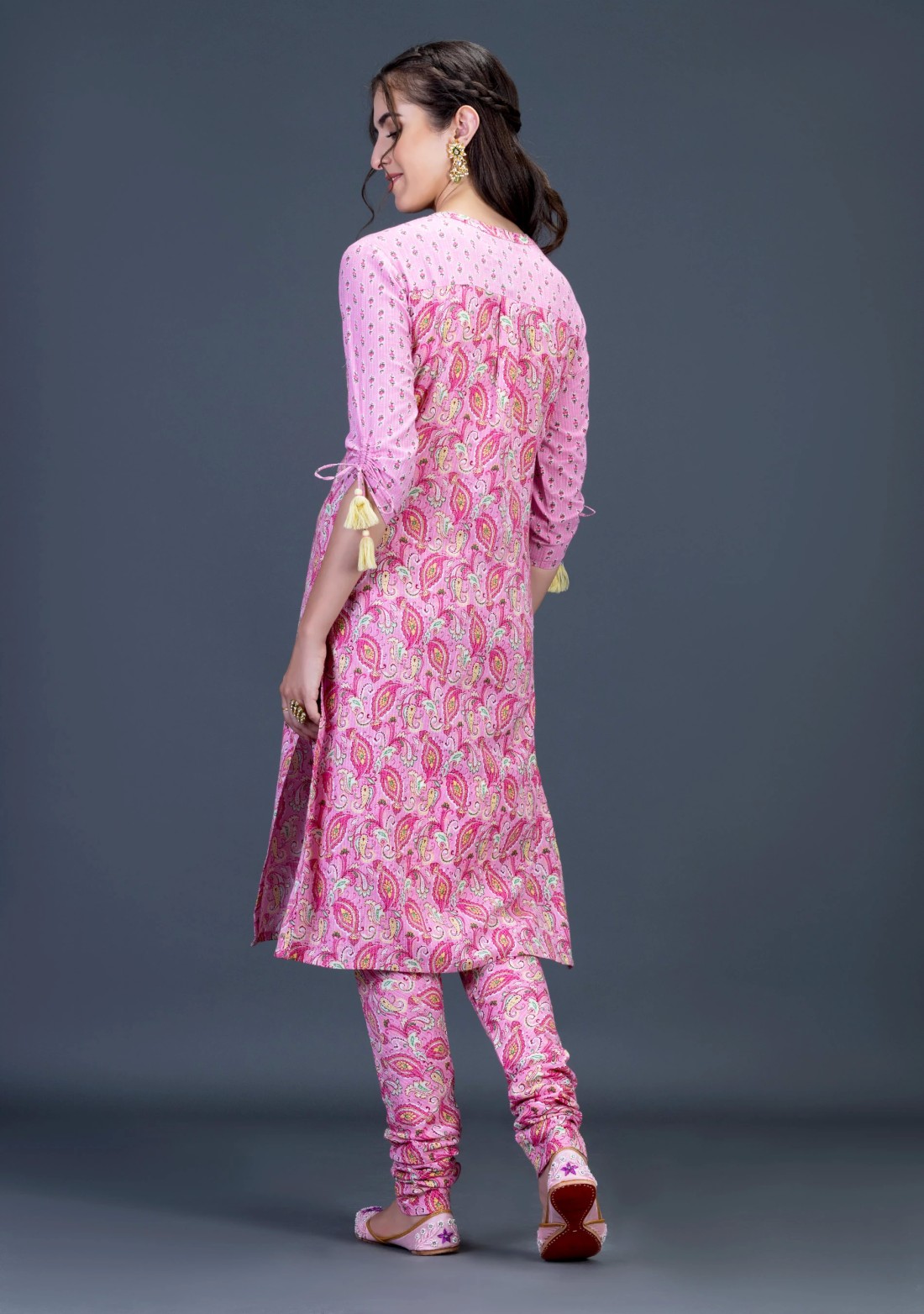 Pink Ethnic Motif Print Cotton Kurti with Churidar Set