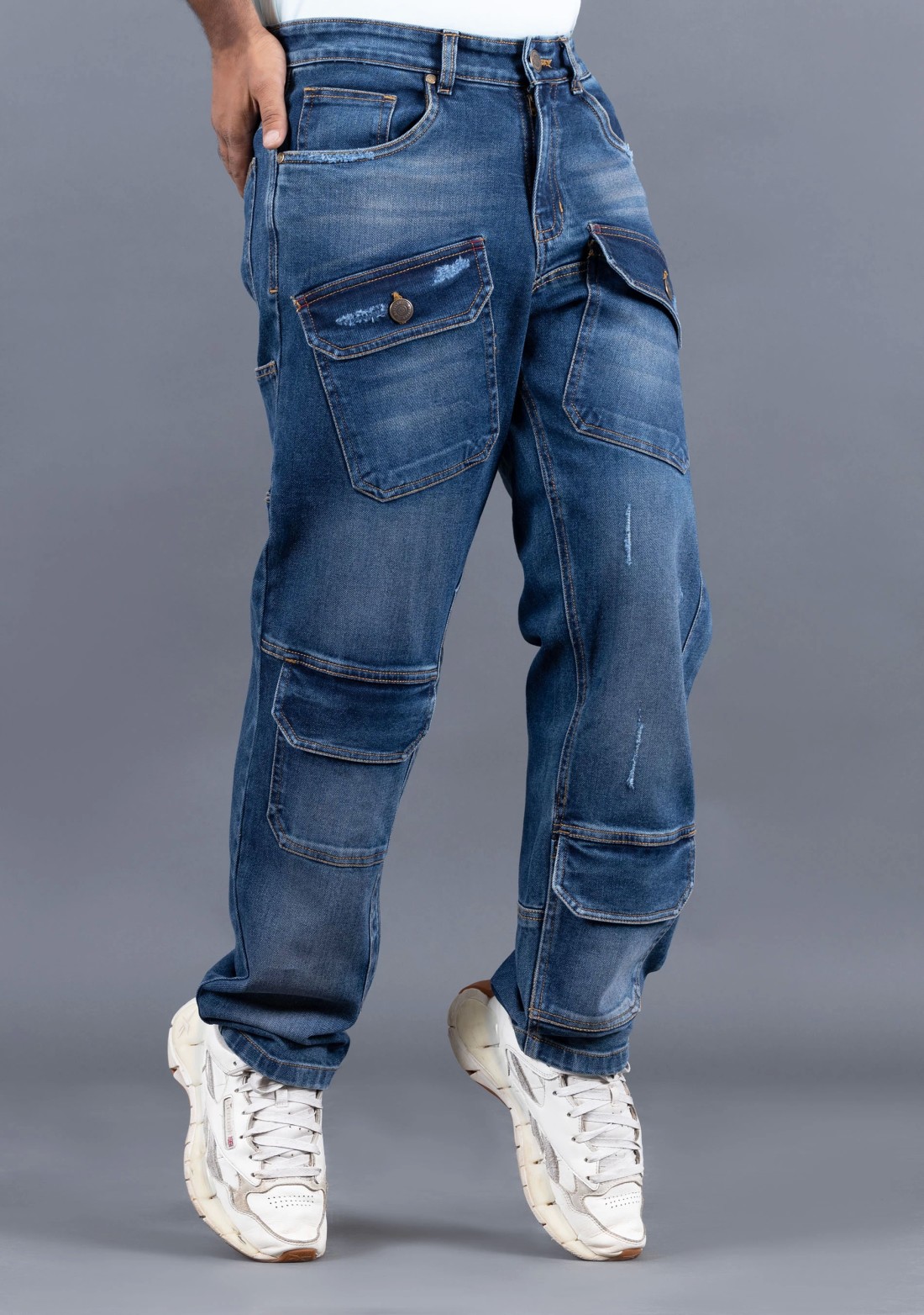 Vintage Blue Straight Fit Rhysley Men's Cargo Jeans