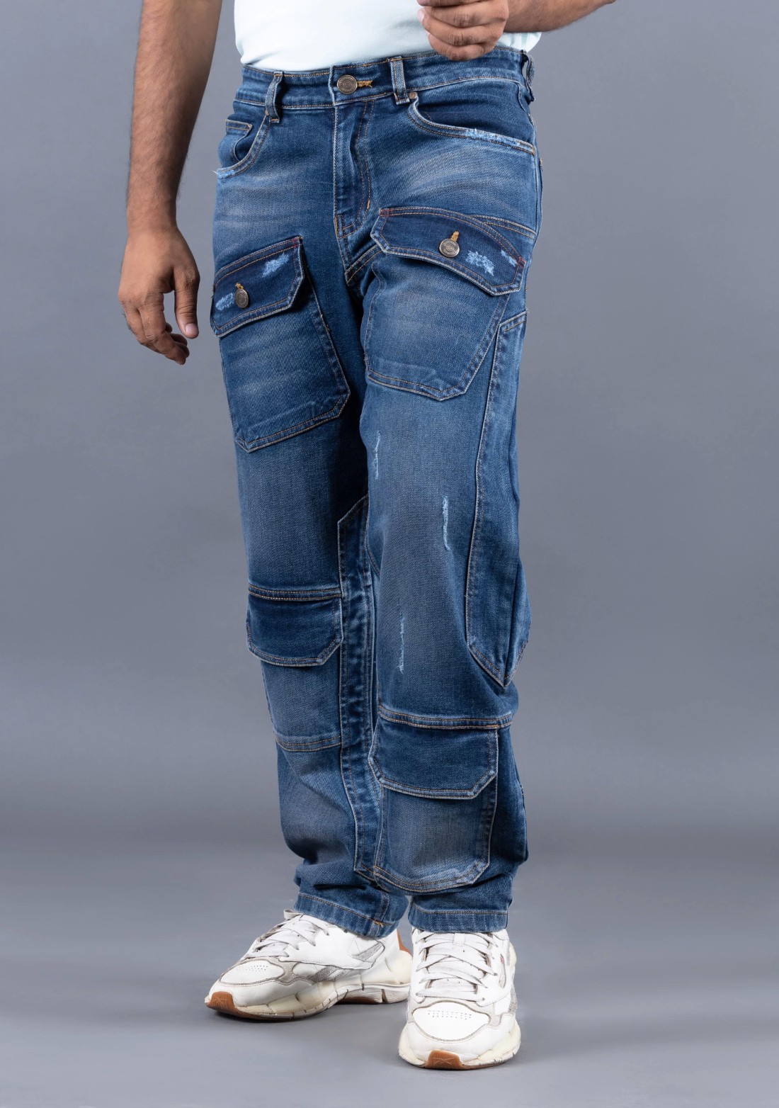 Vintage Blue Straight Fit Rhysley Men's Cargo Jeans