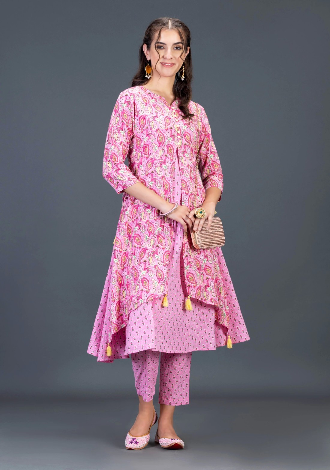 Pink Ethnic Print Cotton Flared Kurta Pant Set