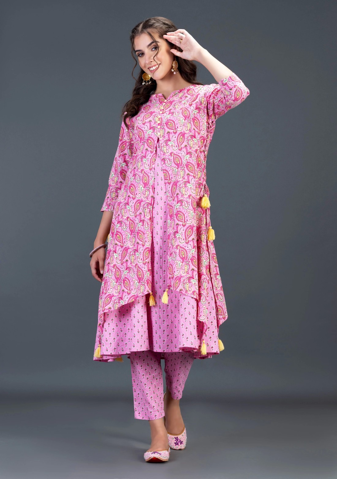 Pink Ethnic Print Cotton Flared Kurta Pant Set