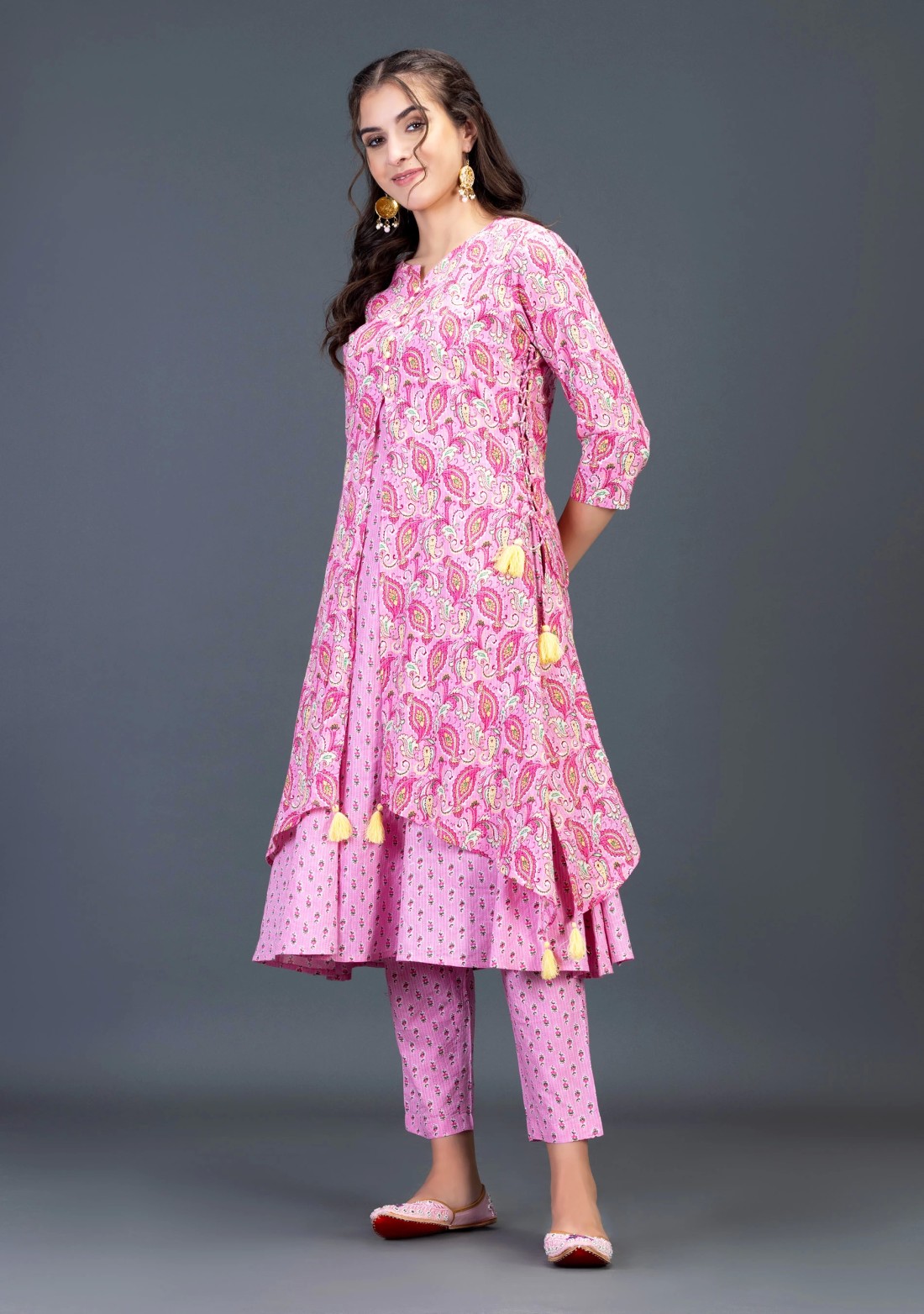 Pink Ethnic Print Cotton Flared Kurta Pant Set