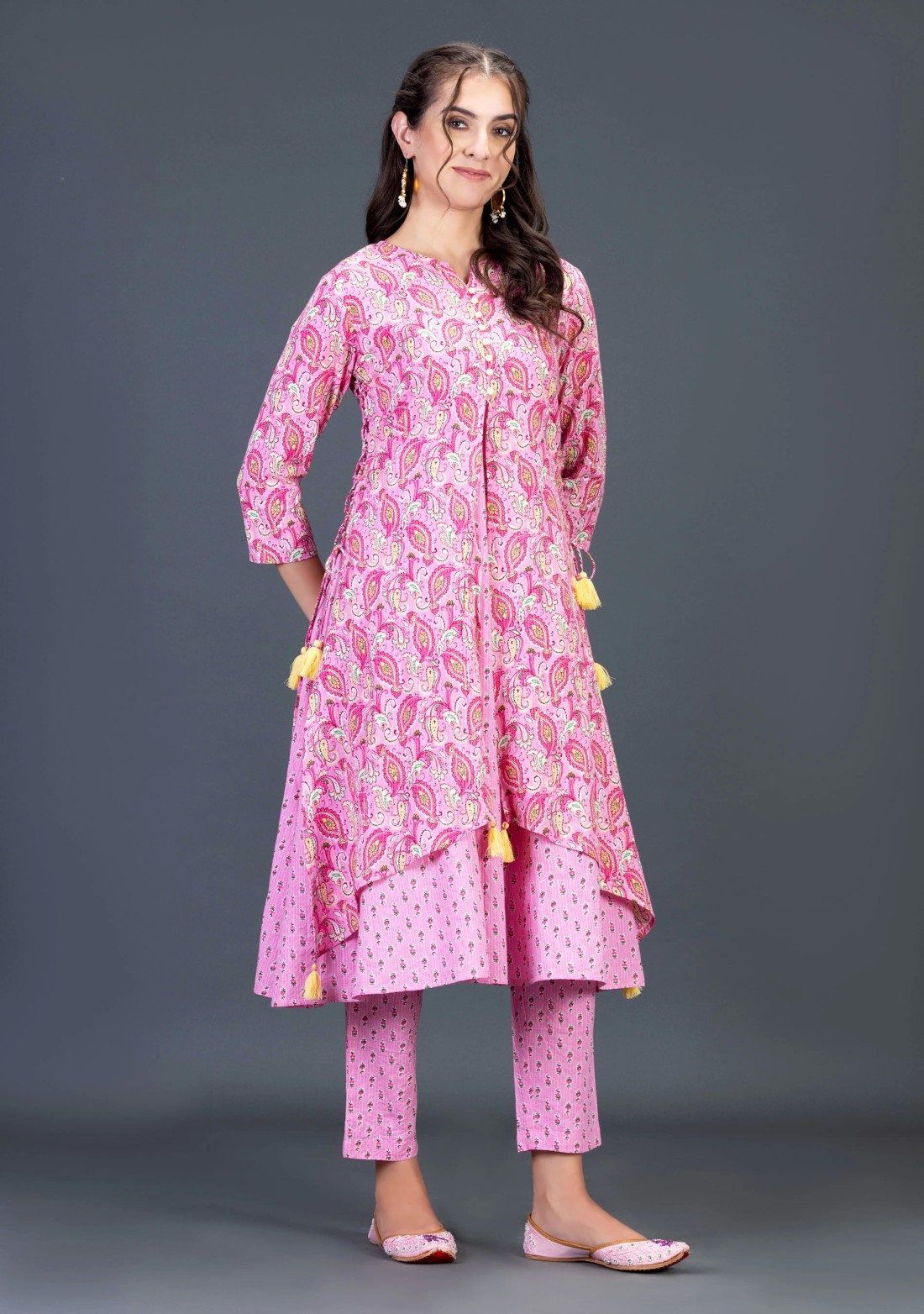 Pink Ethnic Print Cotton Flared Kurta Pant Set