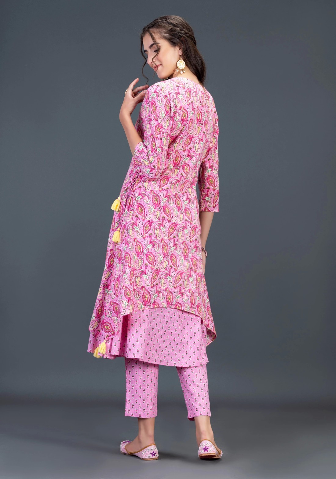 Pink Ethnic Print Cotton Flared Kurta Pant Set