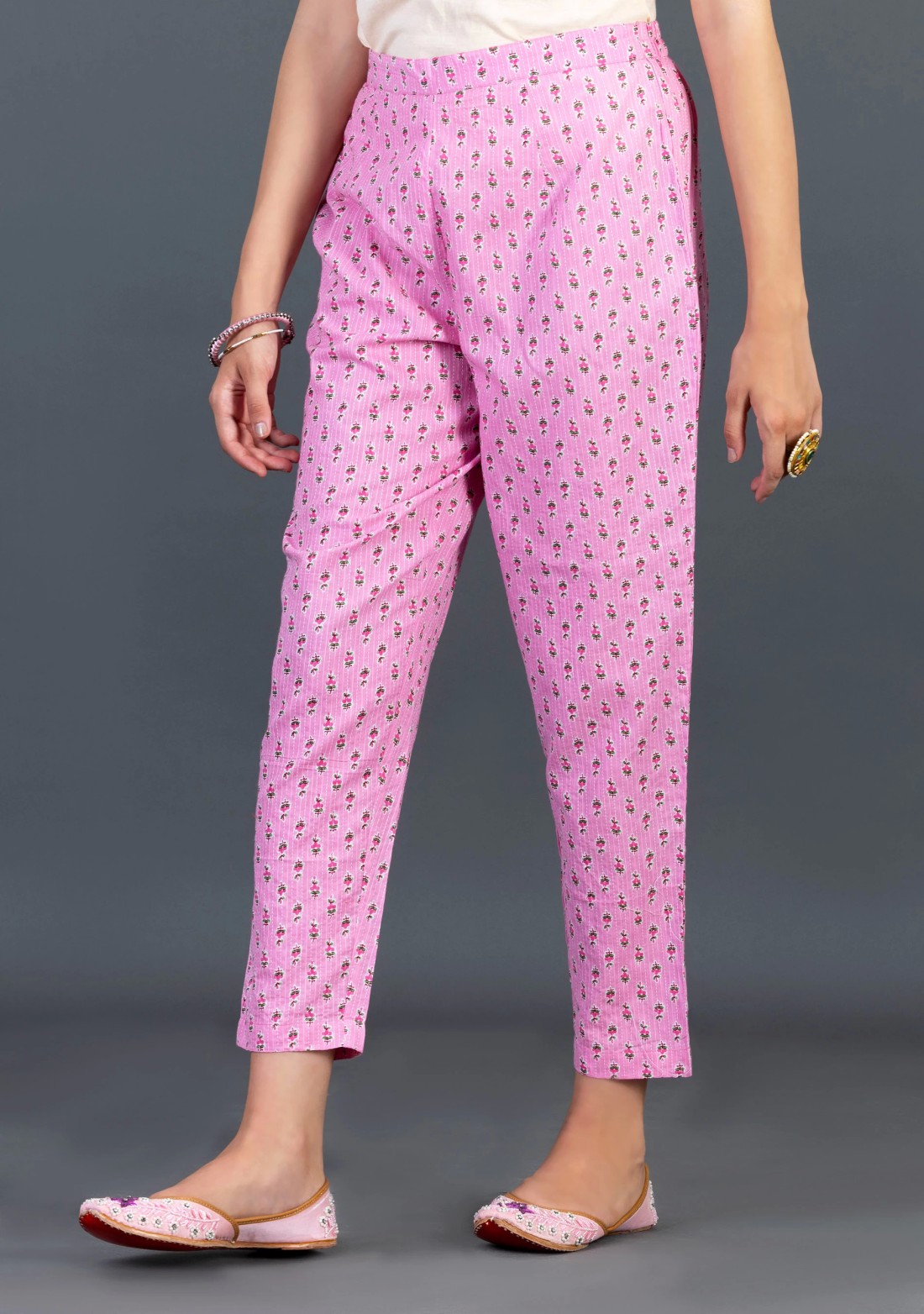 Pink Ethnic Print Cotton Flared Kurta Pant Set