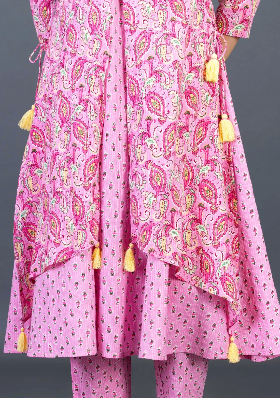 Pink Ethnic Print Cotton Flared Kurta Pant Set