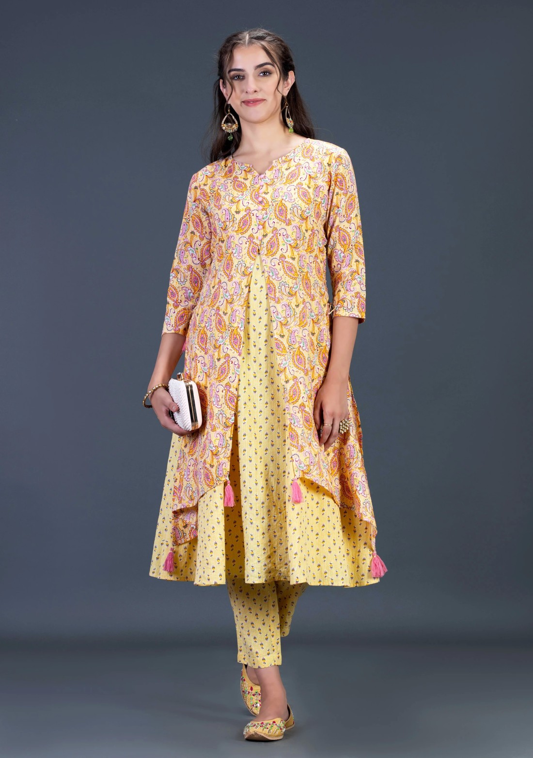 Yellow Ethnic Print Cotton Flared Kurta Pant Set