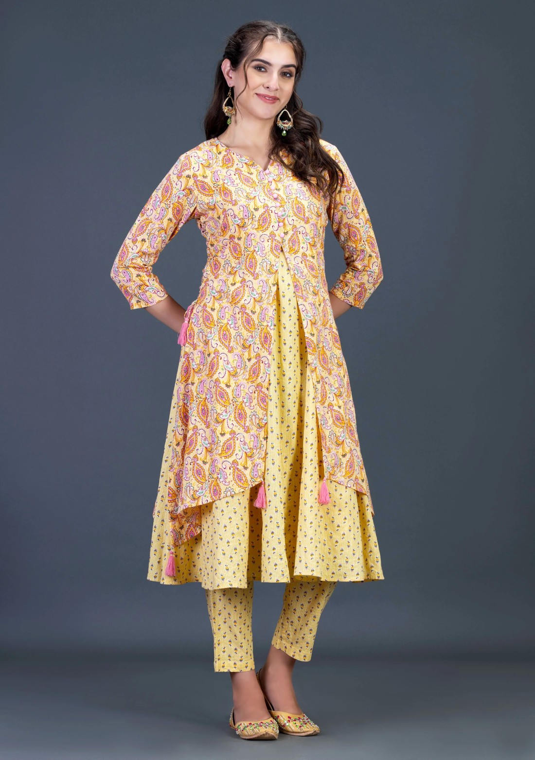 Yellow Ethnic Print Cotton Flared Kurta Pant Set