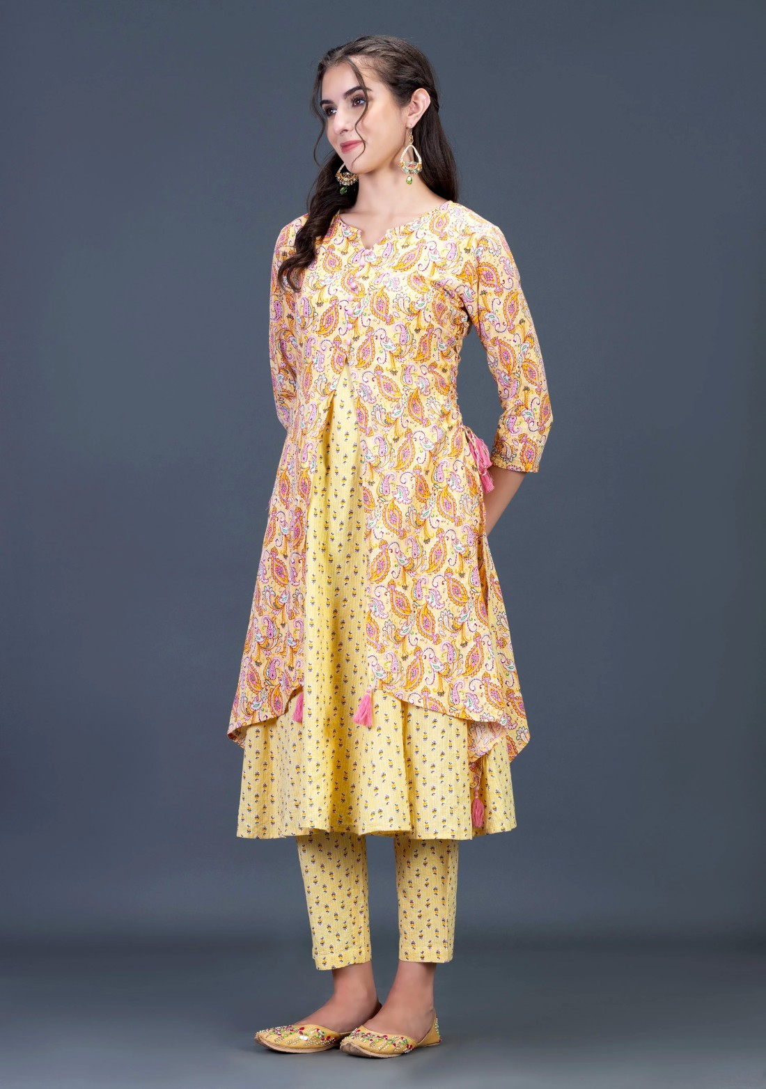 Yellow Ethnic Print Cotton Flared Kurta Pant Set