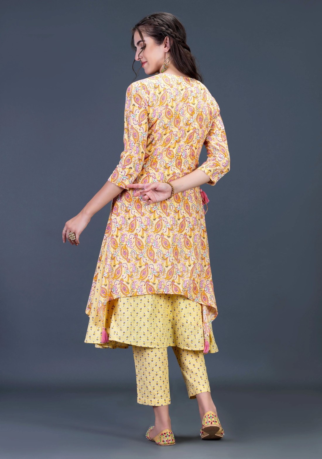 Yellow Ethnic Print Cotton Flared Kurta Pant Set