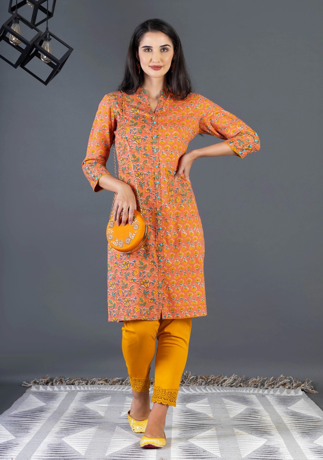 Orange Ethnic Print Cotton Straight Kurta