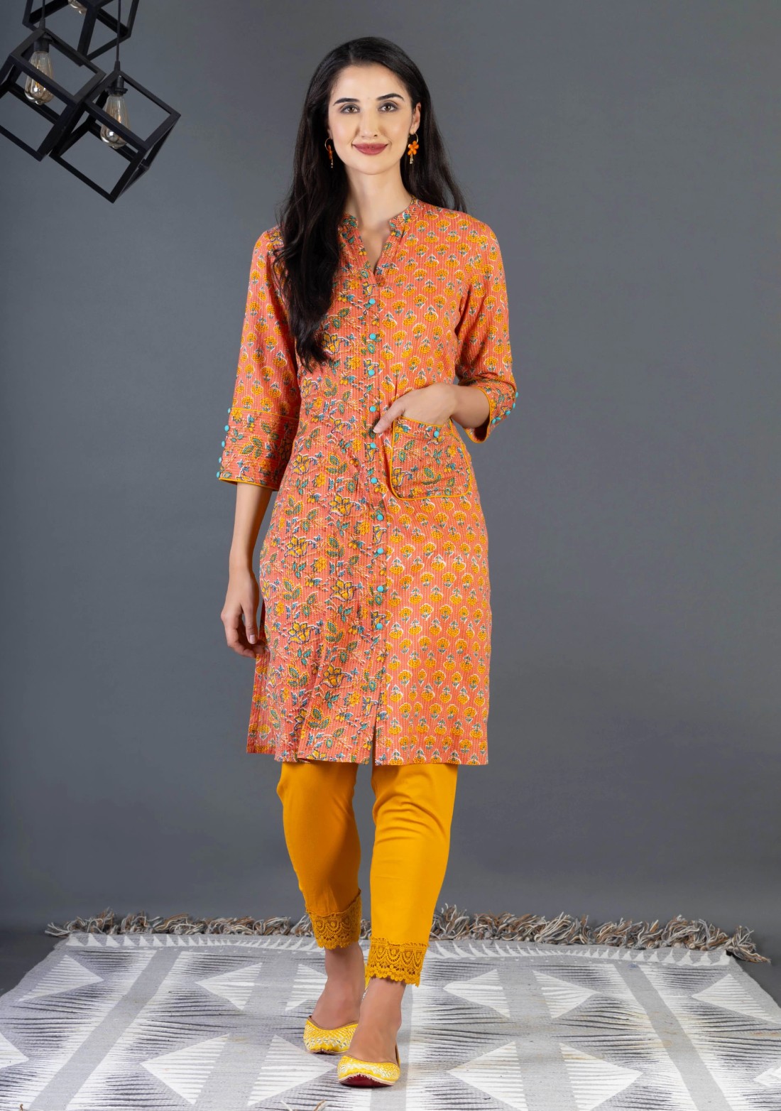 Orange Ethnic Print Cotton Straight Kurta