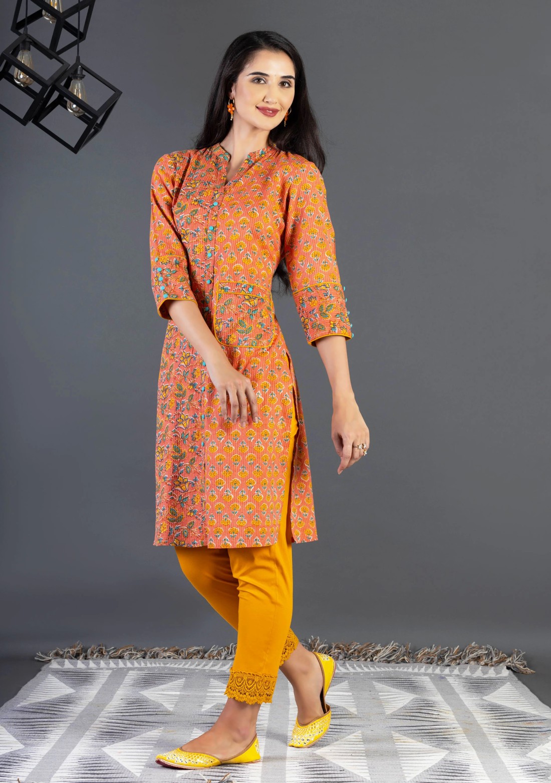 Orange Ethnic Print Cotton Straight Kurta