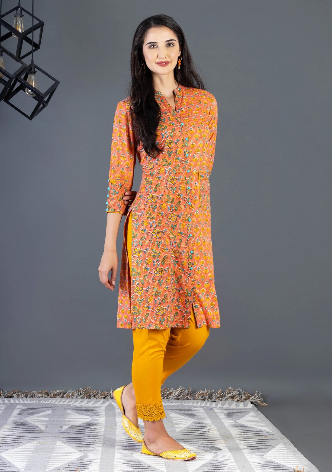 Orange Ethnic Print Cotton Straight Kurta