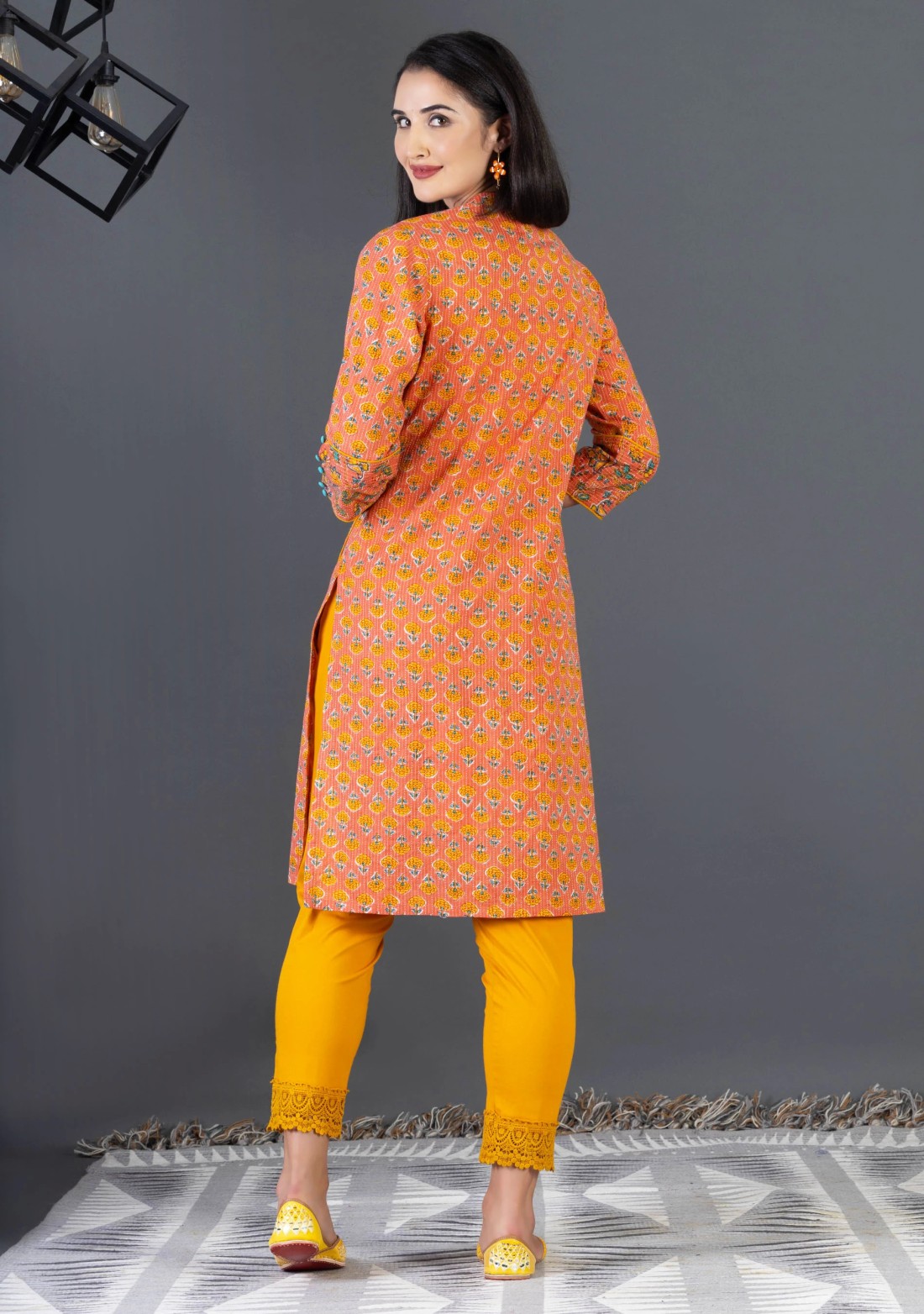 Orange Ethnic Print Cotton Straight Kurta