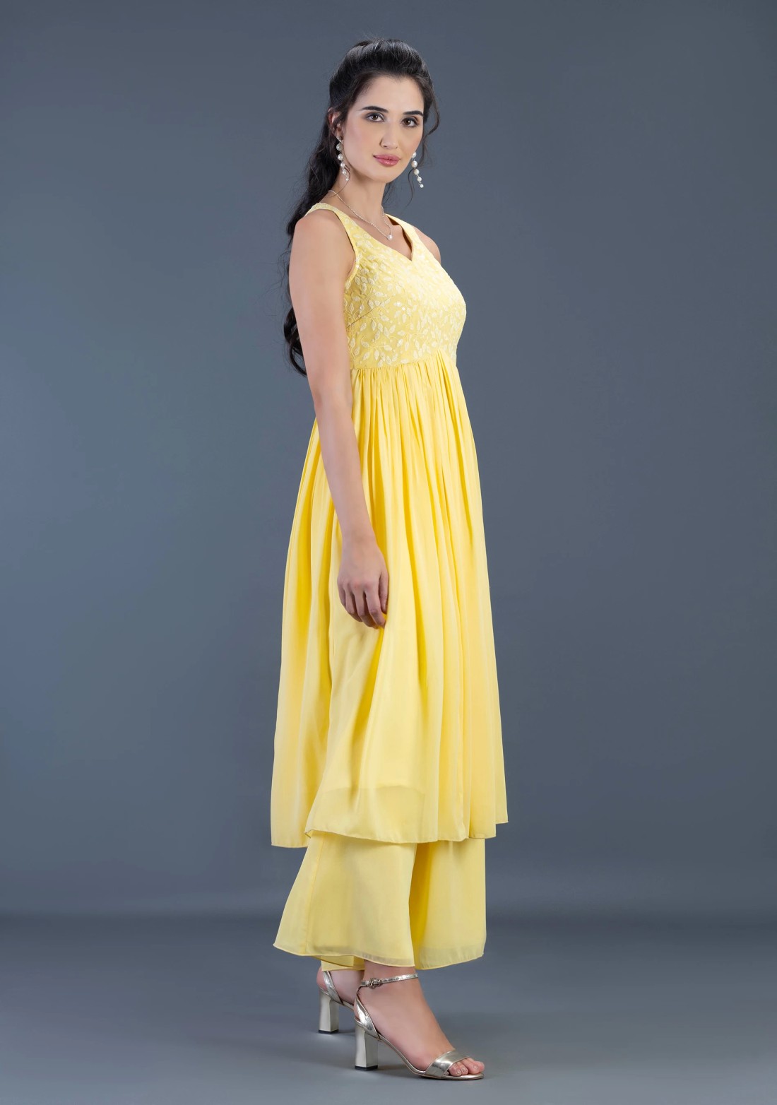 Pastel Yellow Schiffli Embroidered Flared Kurta