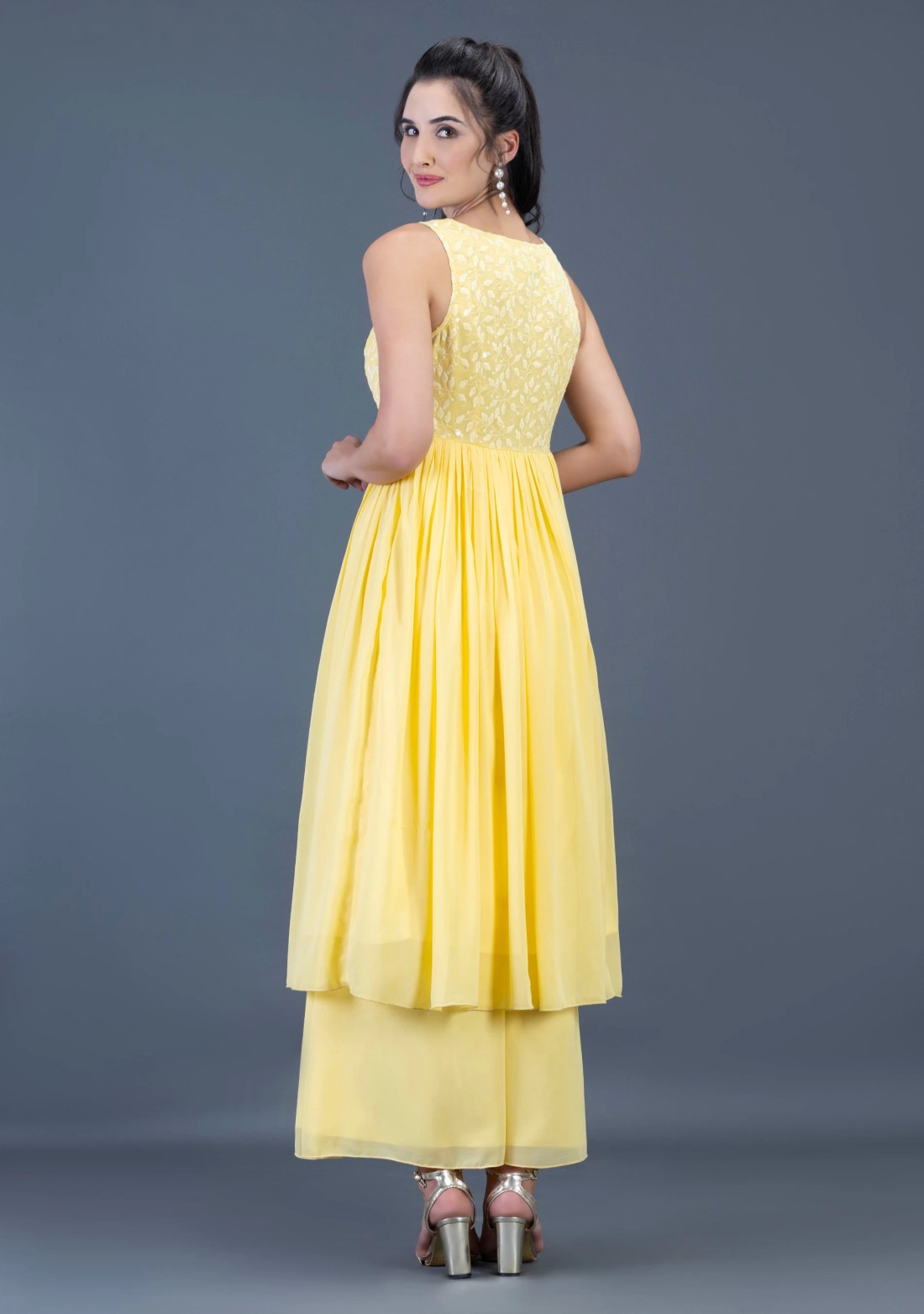 Pastel Yellow Schiffli Embroidered Flared Kurta