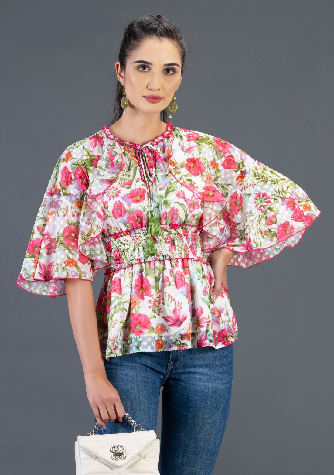 Floral Print Georgette Dobby Flared Peplum Top