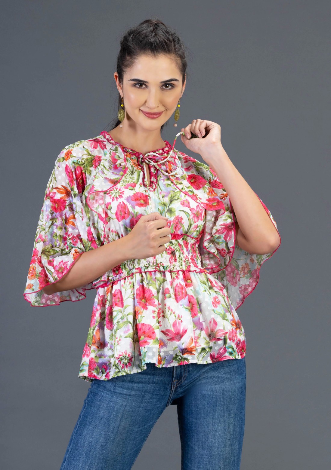 Floral Print Georgette Dobby Flared Peplum Top