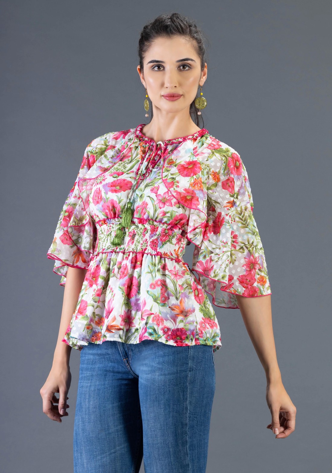 Floral Print Georgette Dobby Flared Peplum Top