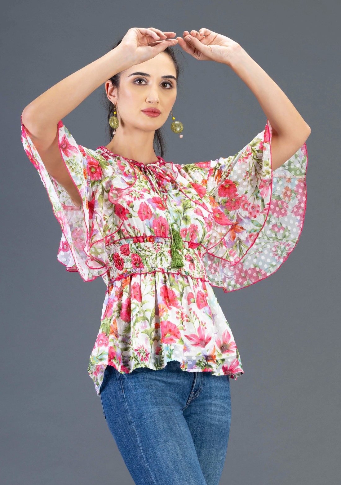 Floral Print Georgette Dobby Flared Peplum Top