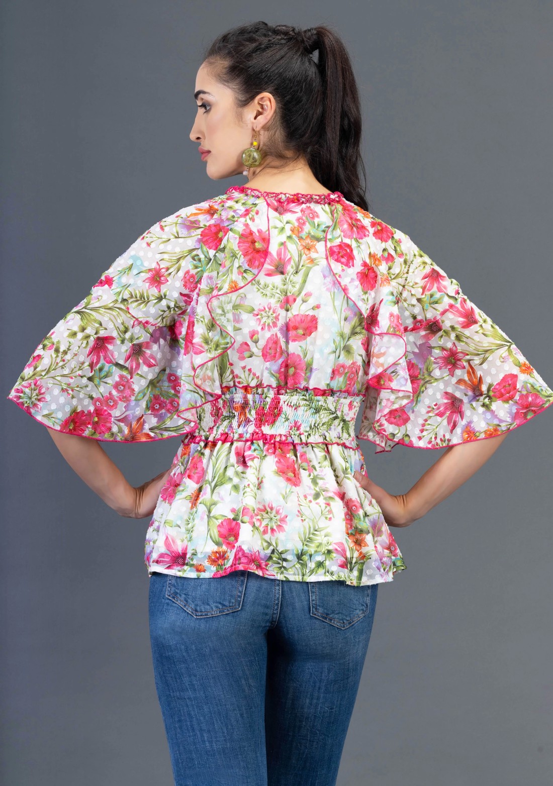 Floral Print Georgette Dobby Flared Peplum Top