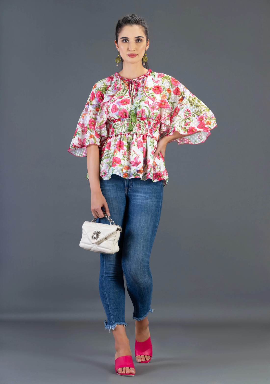 Floral Print Georgette Dobby Flared Peplum Top